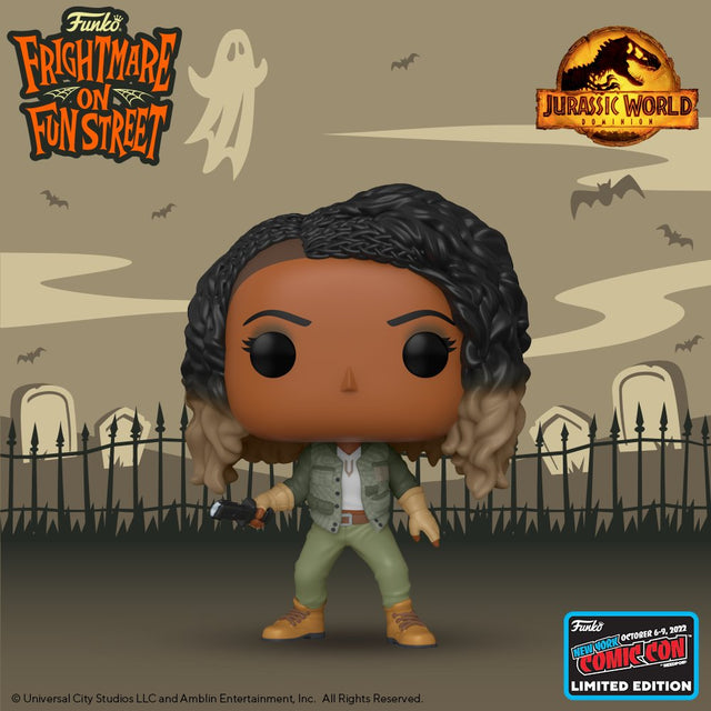 Funko Pop! Jurassic World Dominion Kayla figure with NYCC Con sticker, collectible toy from Shak's Pop Shop
