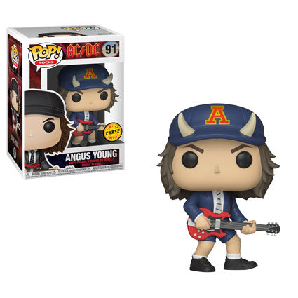 Funko Pop! Rocks ACDC Angus Young figure with devil hat and Chase edition, collectible vinyl toy with iconic rock band style.