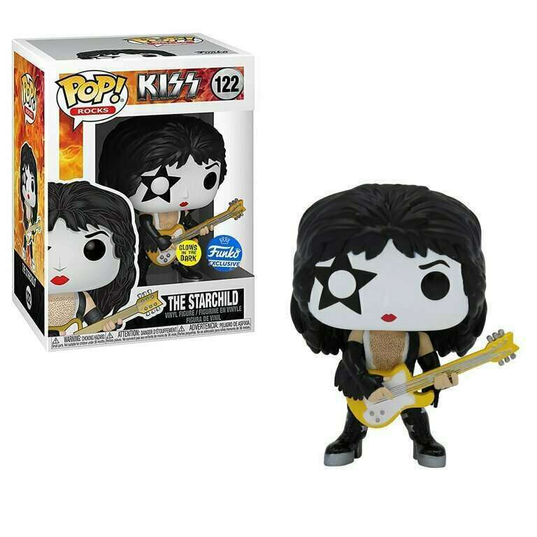 Funko Pop! Rocks Kiss The Starchild glow figure by Shak's Pop Shop, showcasing the iconic character with glowing features.