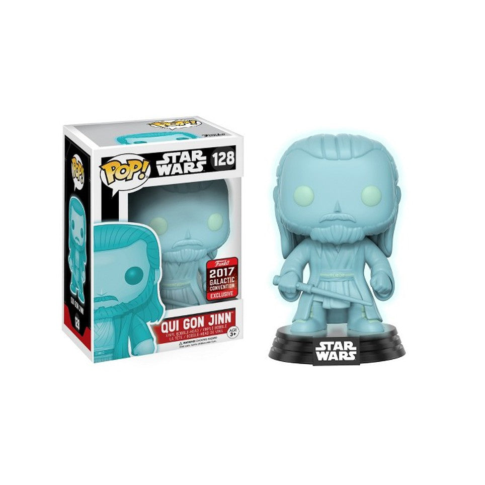 Funko Pop! Star Wars Qui Gon Jinn holographic glow figure, 2017 Galactic Convention exclusive, with detailed character design.