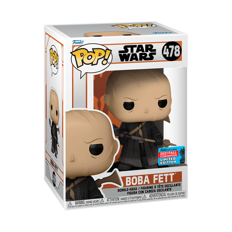 Funko Pop! Star Wars The Mandalorian Boba Fett Unmasked figure, 2021 NYCC shared exclusive, with detailed helmet and armor features.