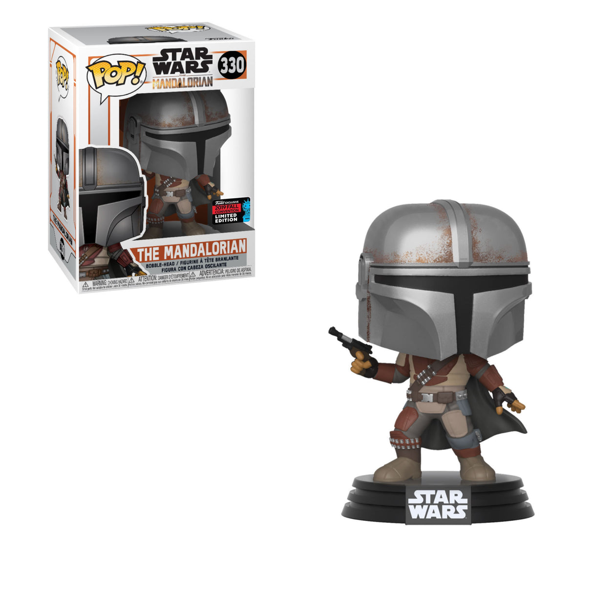 Funko Pop! Star Wars Mandalorian figure with pistol, featuring NYCC shared sticker, collectible toy from Shak's Pop Shop.
