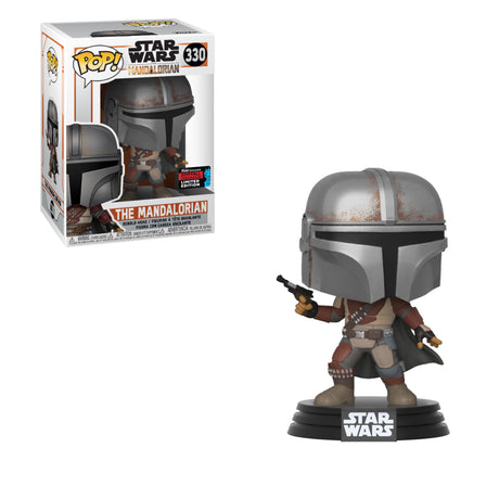 Funko Pop! Star Wars Mandalorian figure with pistol, featuring NYCC shared sticker, collectible toy from Shak's Pop Shop.