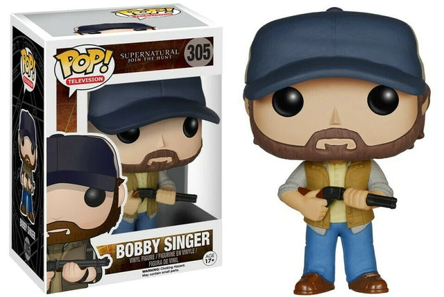 Funko Pop! Television Supernatural Bobby Singer figure with box, featuring detailed collectible design and signature character features.