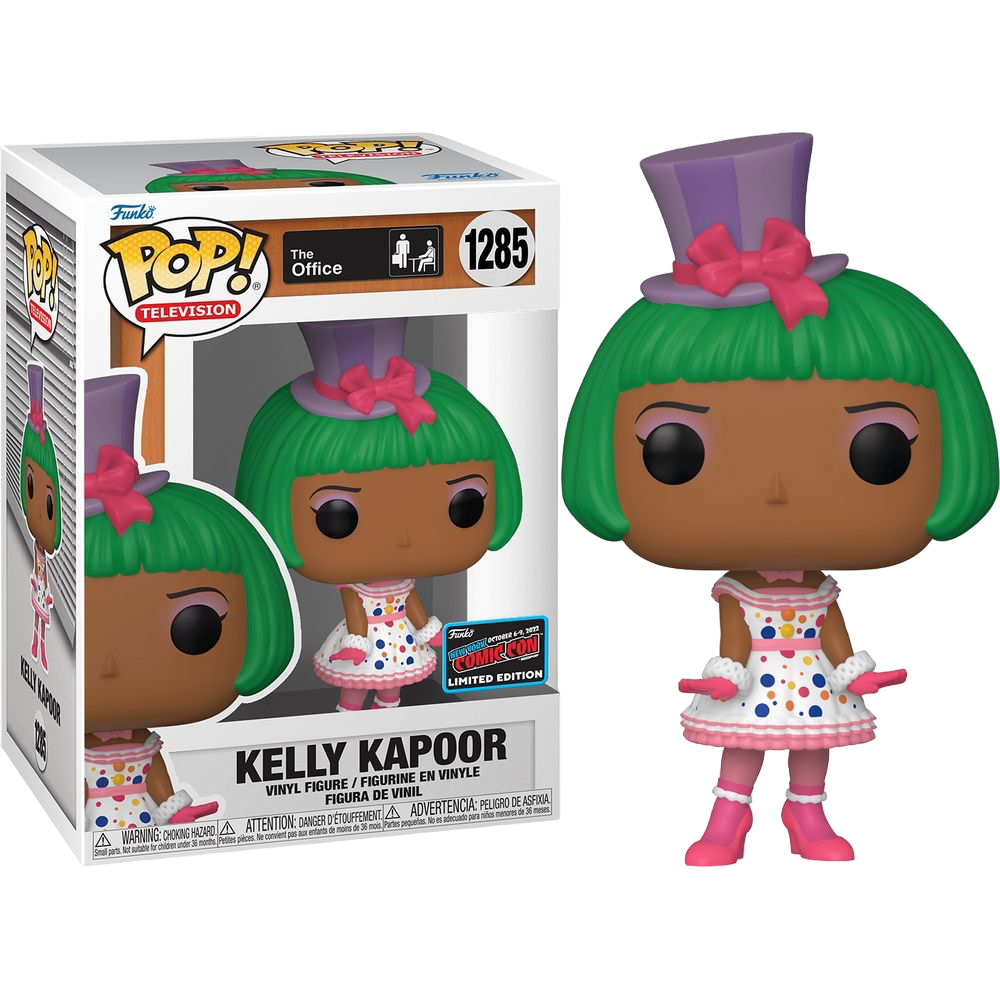 Funko Pop! Television The Office Halloween Kelly Kapoor figure with NYCC con sticker, collectible vinyl toy by Shak's Pop Shop