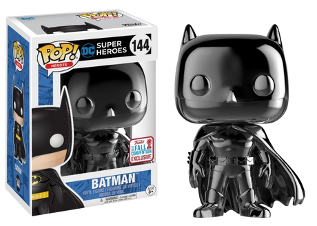 Funko Pop! Batman Black Chrome collectible figure from Heroes 2017 NYCC shared exclusive, featuring sleek black chrome finish.