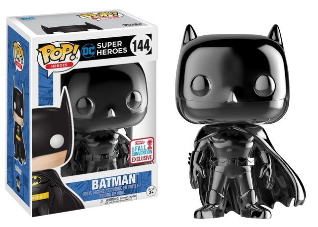 Funko Pop! Batman Black Chrome collectible figure from Heroes 2017 NYCC shared exclusive, featuring sleek black chrome finish.