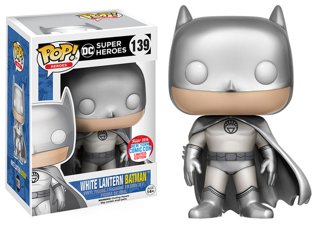 Funko Pop! figure of Batman with blowing cape and White Lantern design, NYCC 2016 exclusive, collectible superhero toy.