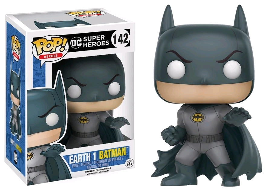 Funko Pop! figure of Batman from Heroes: Earth 1 series, collectible toy with detailed costume and iconic pose.