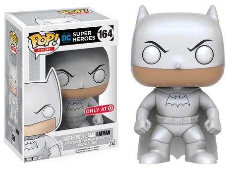 Funko Pop! Heroes North Pole Camo Batman figure with box imperfection, collectible toy from Shak's Pop Shop, exclusive to Target.