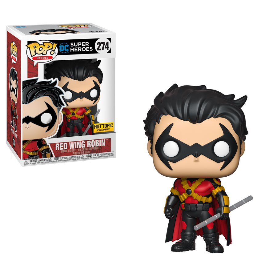 Funko Pop! figure of Red Wing Robin from Heroes series, exclusive to Hot Topic, displayed in collectible packaging.