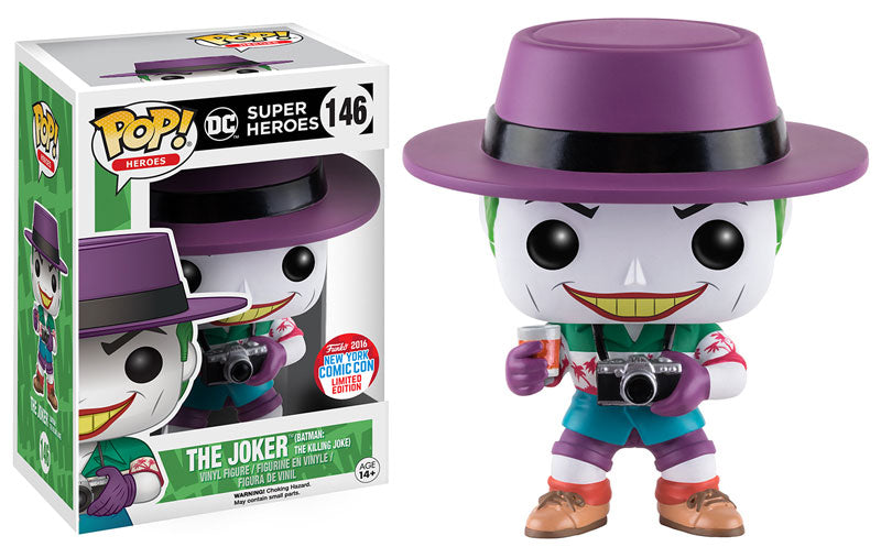 Funko Pop! figure of The Joker from Killing Joke, NYCC 2016 shared exclusive, with detailed Joker costume and iconic grin.