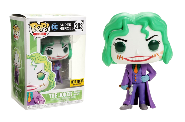 Funko Pop! figure of The Joker as Martha Wayne from Heros series, featuring detailed Joker costume and expression.