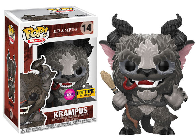 Flocked Krampus Funko Pop! figure from Holidays: Krampus collection, exclusive to Hot Topic, displayed with festive details.