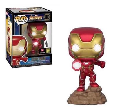 Funko Pop! Iron Man figure from Marvel Avengers Infinity War with light-up feature and special edition sticker, displayed on a plain background.