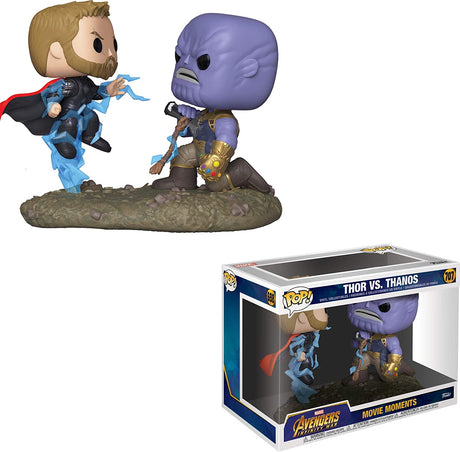 Funko Pop! figures of Thor and Thanos from Marvel Avengers Infinity War, collectible vinyl characters displayed side by side.