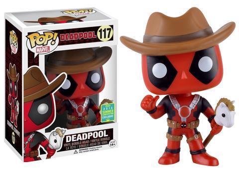 Funko Pop! figure of Marvel's Cowboy Deadpool from 2016 Summer Convention, with minor box imperfection, displayed front view.