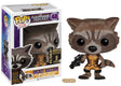 Funko Pop! Marvel Guardians of the Galaxy Rocket Raccoon figure with flocked fur, no sticker, minor imperfections, displayed upright.