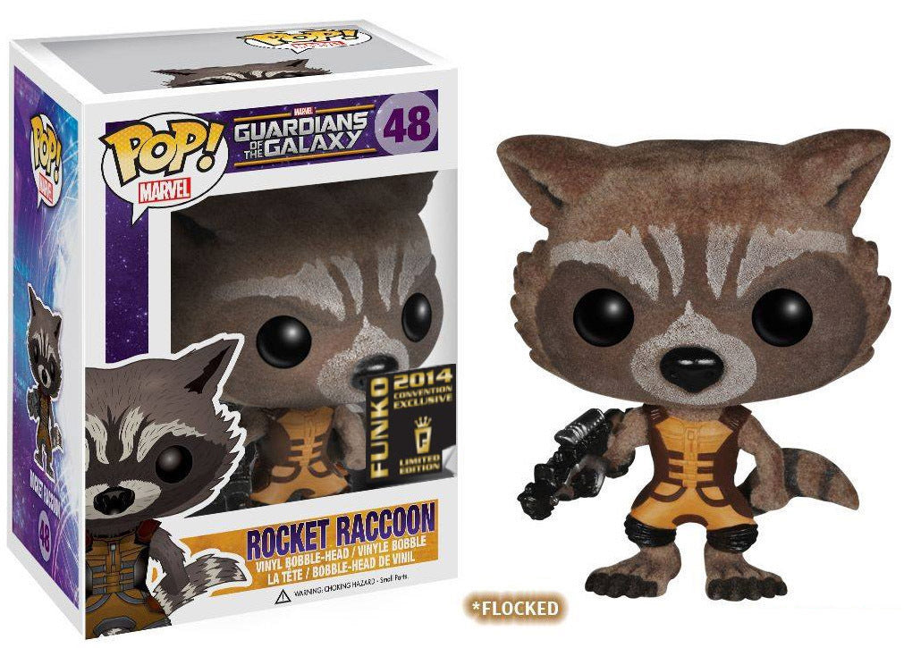 Funko Pop! Marvel Guardians of the Galaxy Rocket Raccoon figure with flocked fur, no sticker, minor imperfections, displayed upright.