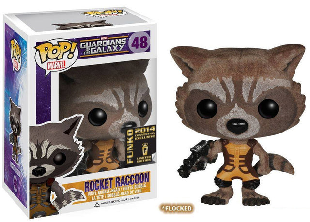 Funko Pop! Marvel Guardians of the Galaxy Rocket Raccoon figure with flocked fur, no sticker, minor imperfections, displayed upright.