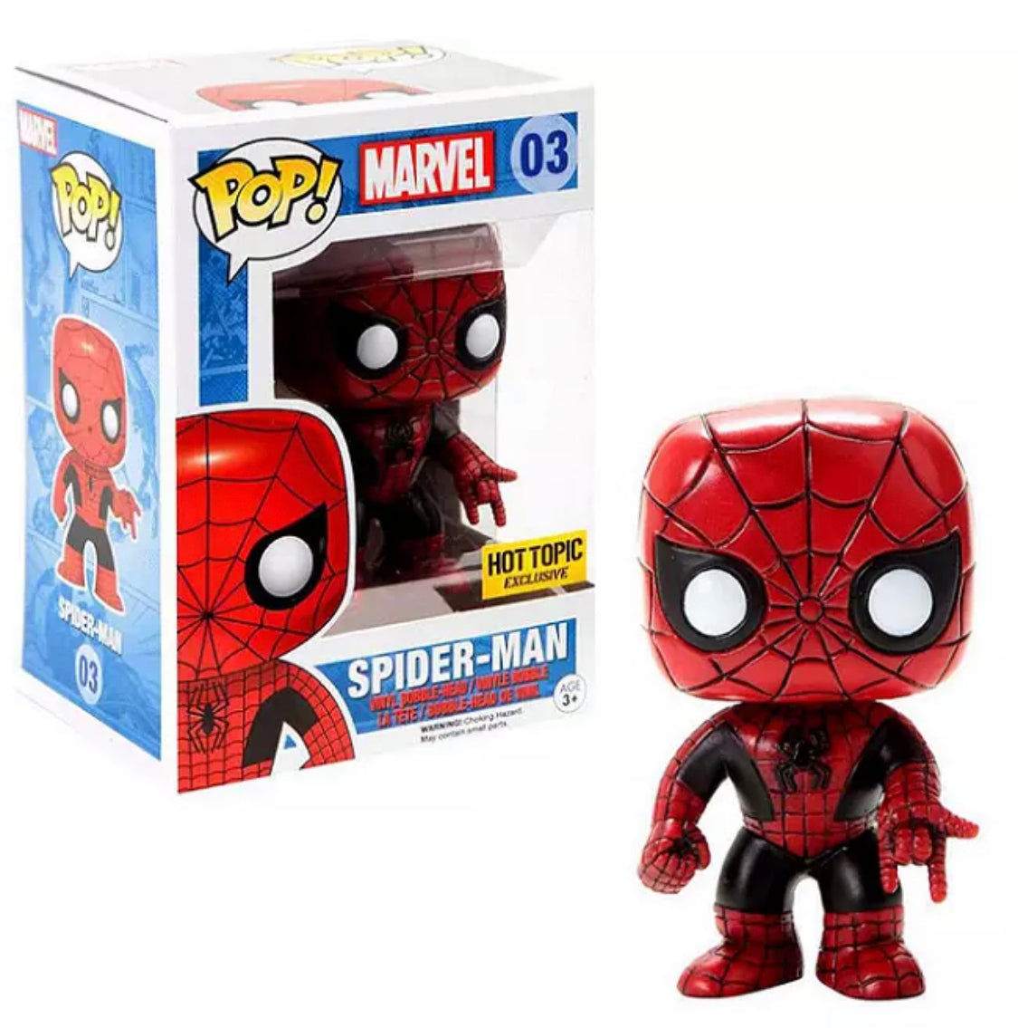 Funko Pop! figure of Marvel's Spider-Man, Hot Topic exclusive, with minor box imperfection, from Shak's Pop Shop.