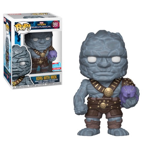 Funko Pop! figure of Korg with Miek from Marvel Thor Ragnarok, featuring detailed vinyl figures in collectible form.