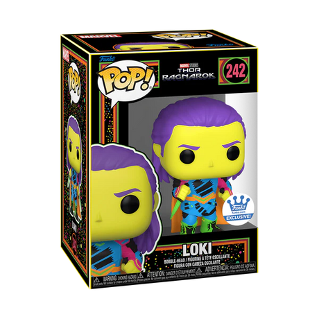 Funko Pop! figure of Loki from Marvel Thor Ragnarok with black light effect, exclusive to Funko Shop, by Shak's Pop Shop.
