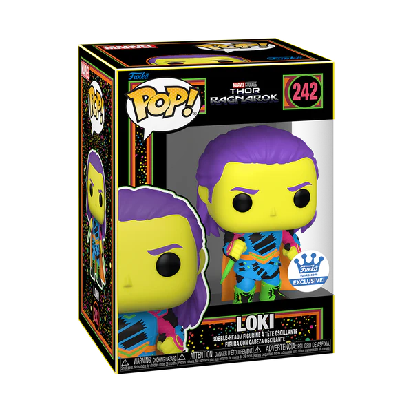Funko Pop! figure of Loki from Marvel Thor Ragnarok with black light effect, exclusive to Funko Shop, by Shak's Pop Shop.
