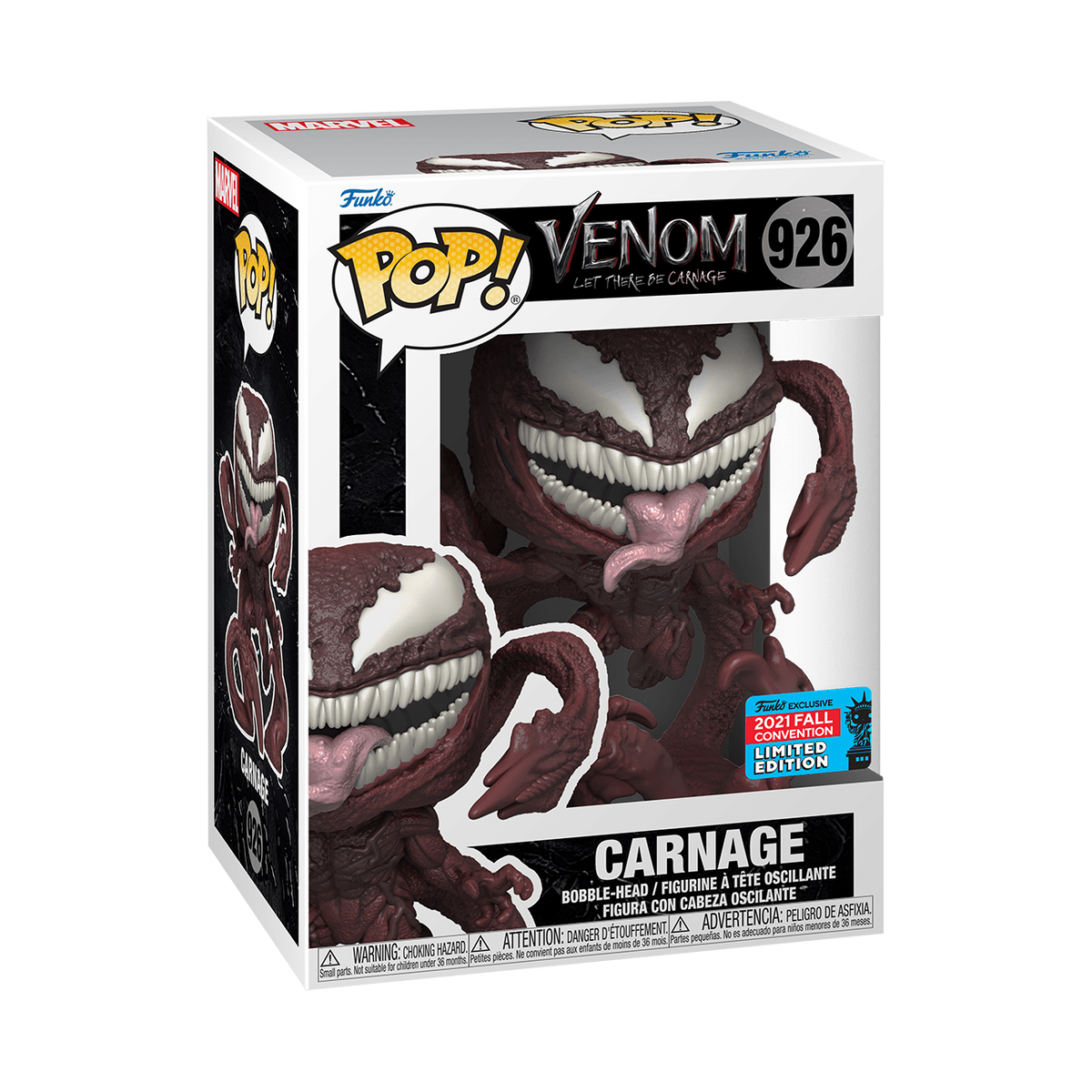 Funko Pop! figures of Marvel's Venom and Carnage from the 2021 NYCC shared exclusive, featuring detailed comic-style design.