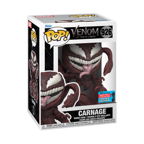 Funko Pop! figures of Marvel's Venom and Carnage from the 2021 NYCC shared exclusive, featuring detailed comic-style design.