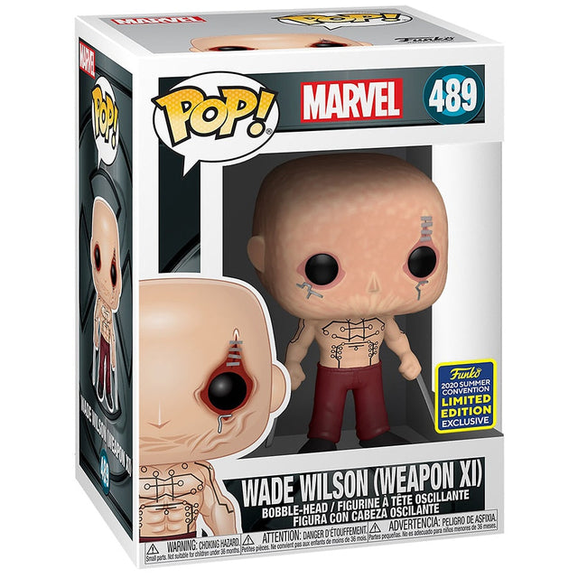 Funko Pop! Marvel Wade Wilson Weapon X from 2020 SDCC with shared sticker and minor box imperfection, featuring Wade in Weapon XI costume.