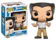 Funko Pop! figure of Marvel X-Men's Logan wearing a tank top, displayed on a shelf with collectible figures.