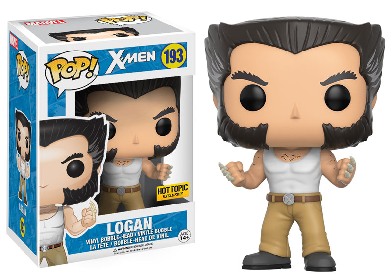 Funko Pop! figure of Marvel X-Men's Logan wearing a tank top, displayed on a shelf with collectible figures.