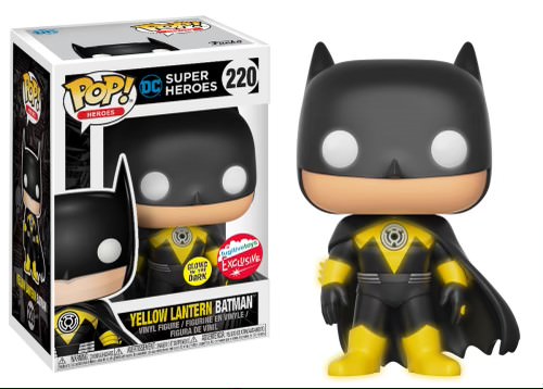 Funko Pop! Batman Yellow Lantern glow-in-the-dark figure from NYCC 2017, collectible superhero toy with bright yellow costume and lantern details.