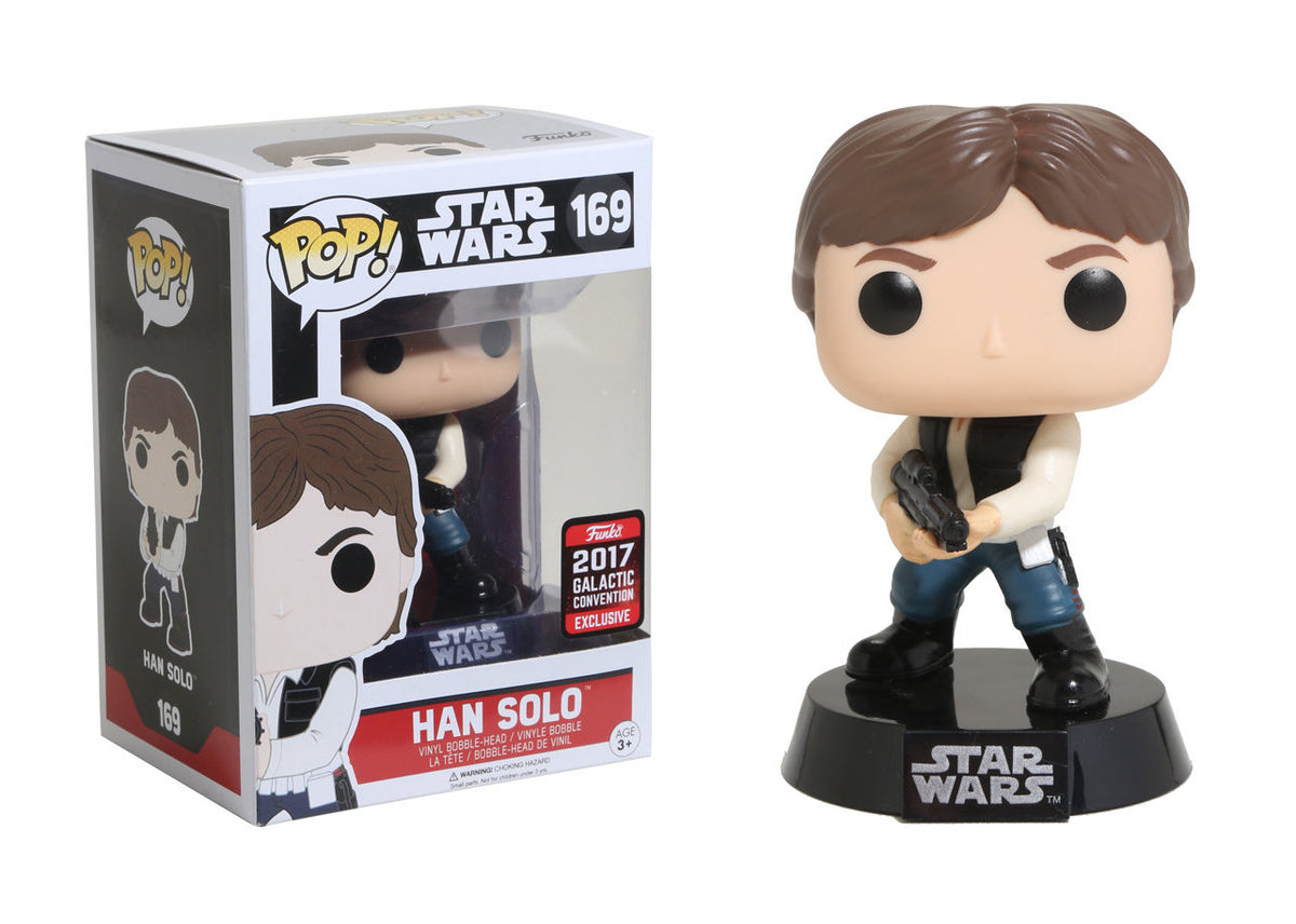 Funko Pop! figure of Han Solo in action pose from Star Wars, 2017 Galactic Convention exclusive, by Shak's Pop Shop.