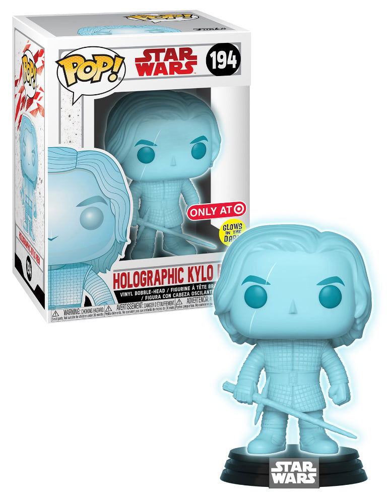 Holographic Kylo Ren Funko Pop! figure from Star Wars, glow-in-the-dark exclusive showcasing the character in detailed design.