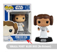 Funko Pop! Star Wars Princess Leia figure in blue box with small font and three languages, featuring a box imperfection.