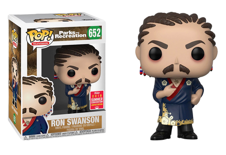 Funko Pop! figure of Ron Swanson from Parks and Recreation, 2018 SDCC shared exclusive, collectible toy by Shak's Pop Shop.