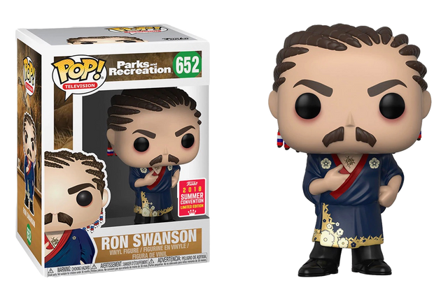 Funko Pop! figure of Ron Swanson from Parks and Recreation, 2018 SDCC shared exclusive, collectible toy by Shak's Pop Shop.