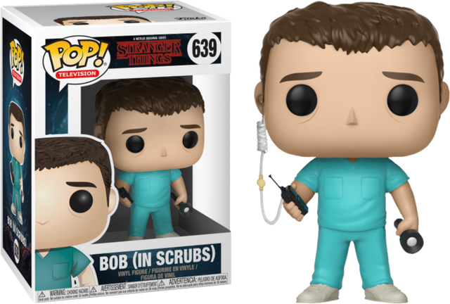 Funko Pop! figure of Bob in scrubs from Stranger Things, with minor box imperfection, displayed in detailed view.