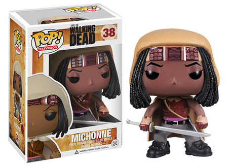 Funko Pop! figure of Michonne from The Walking Dead, collectible television character with sword and zombie details.