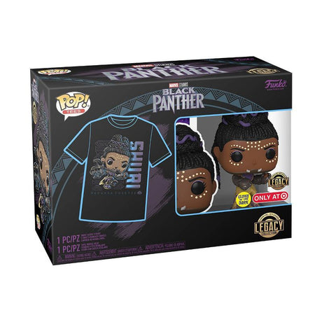 Funko Pop! figure of Shuri from Marvel Black Panther Legacy with glow effect, paired with a themed T-shirt, from Shak's Pop Shop.